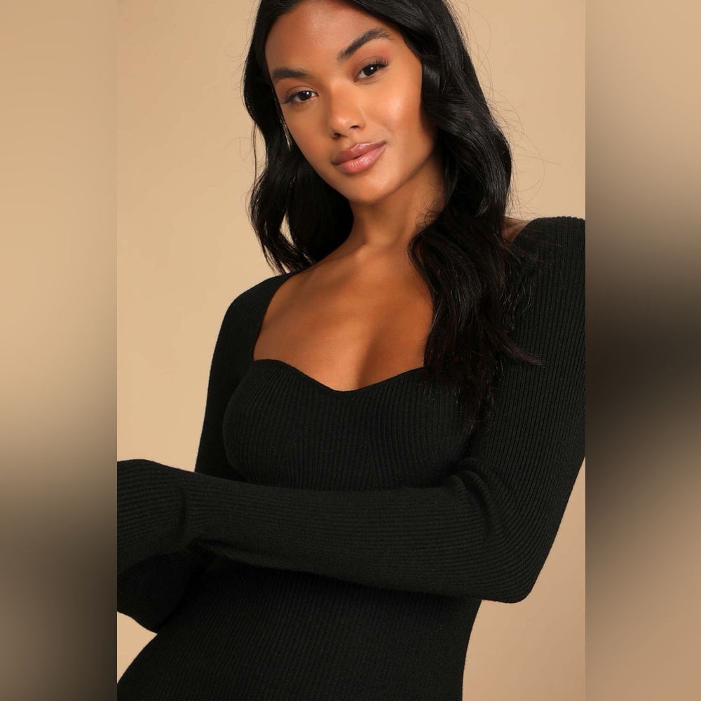 Lulus Fall Feelings Black Ribbed Bodycon knit Midi Sweater Dress Long Sleeve L - Picture 5 of 11